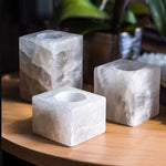 Selenite cube tea light holder