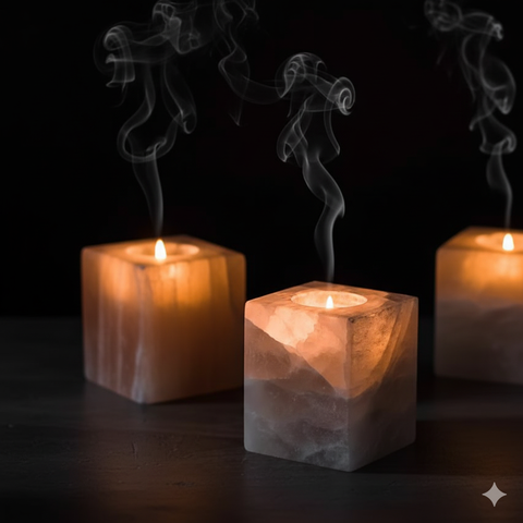 Selenite cube candle holder
